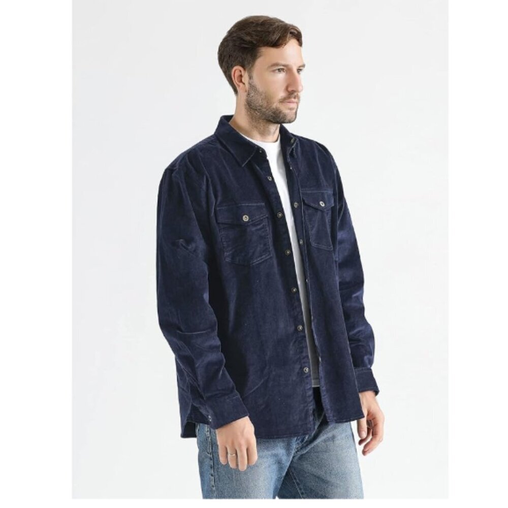 Mocotono Men's Cotton Stretch Corduroy Shirt Jacket Navy Blue XL